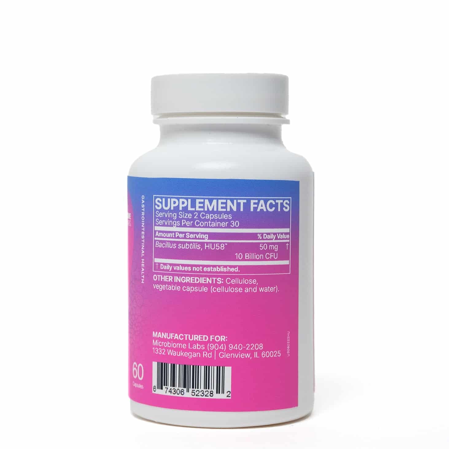 HU58 Bacillus subtilis probiotic capsules by Microbiome Labs for digestion and immune support