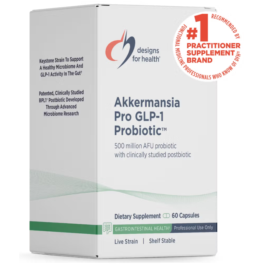 Akkermansia Pro GLP-1 probiotic capsules by Designs for Health for gut and metabolic support