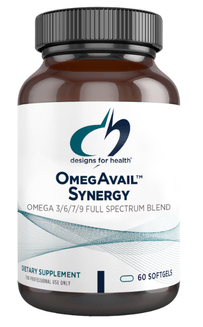 OmegAvail Synergy omega 3-6-7-9 softgels by Designs for Health for brain, heart, and skin support