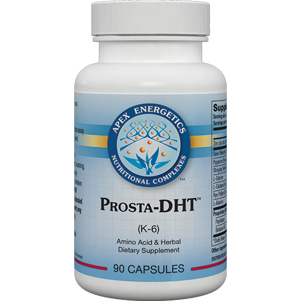 Prosta-DHT K-6 prostate support capsules by Apex Energetics with saw palmetto, pygeum, and zinc