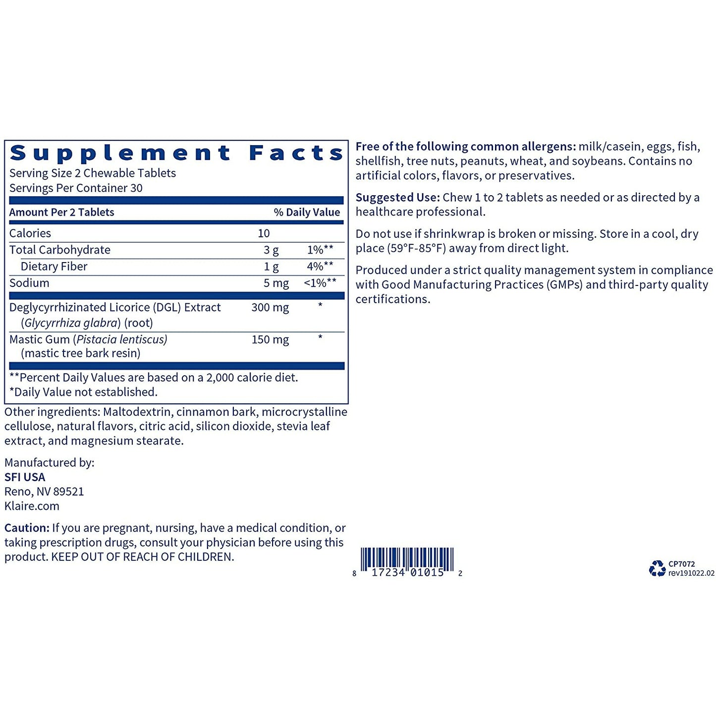 Mastic Gum/DGL Chewable - Klaire Labs - Supports GI Inflammation and Discomfort