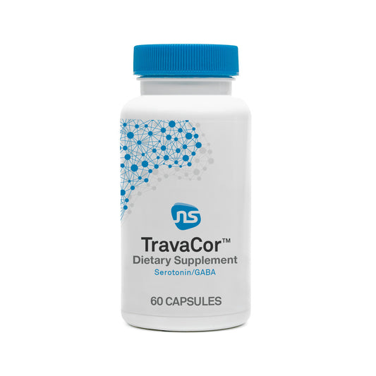 Travacor mood and stress support capsules by NeuroScience with 5-HTP and L-theanine