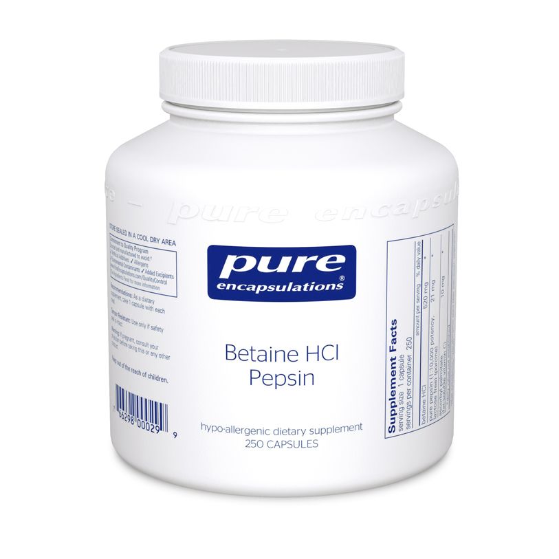 Betaine HCl Pepsin capsules by Pure Encapsulations for healthy digestion