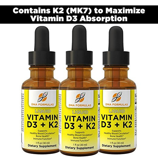 Vitamin D3 With K2 Liquid - DNA Formulas - Build And Maintain Healthy Bones - Also Plays A Role In Cardiovascular and Blood Sugar Metabolism - Boosts Immunity
